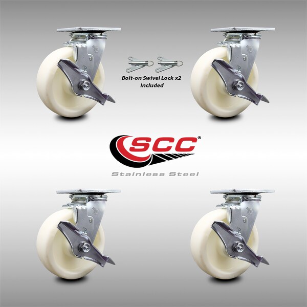 Service Caster 6 Inch Stainless Steel Nylon Caster Set with Roll Bearings 4 Brake 2 Swivel Lock SCC-SS30S620-NYR-TLB-BSL-2-TLB-2 - main